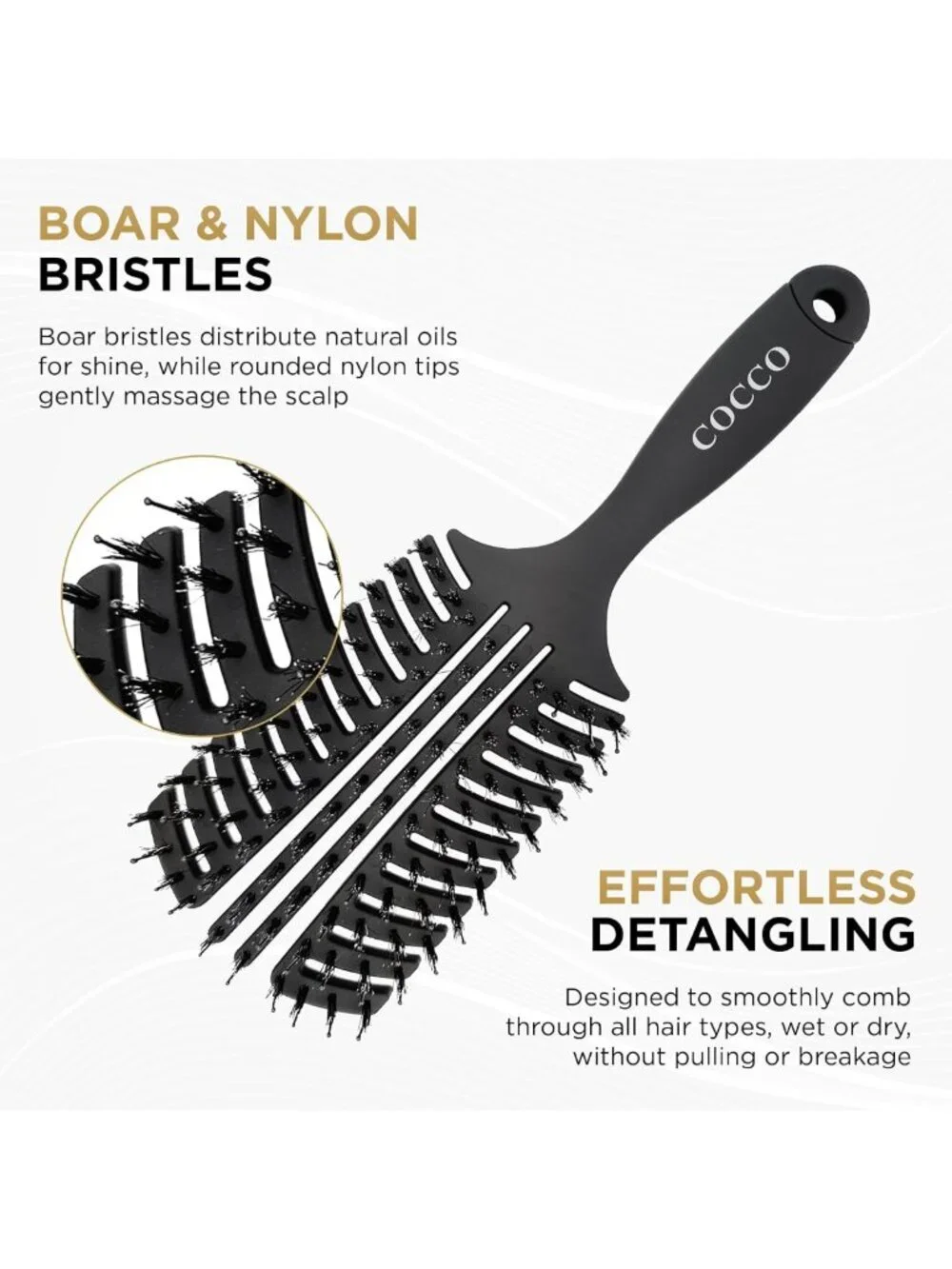 Curved Detangling Brush - Vented Boar & Nylon Bristles for Smooth Styling